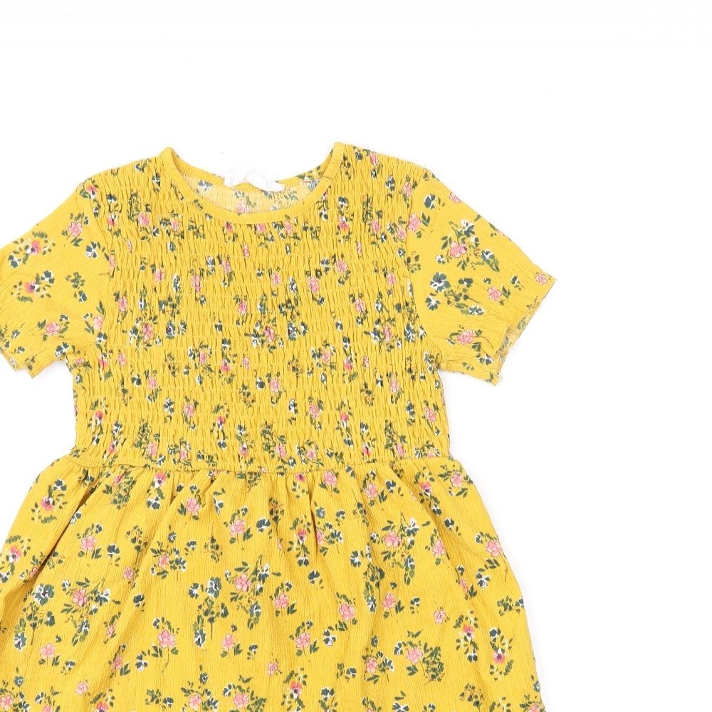 Zara Girls Yellow Floral Polyester Skater Dress Size 6 Years Round Neck Pullover - Shirred