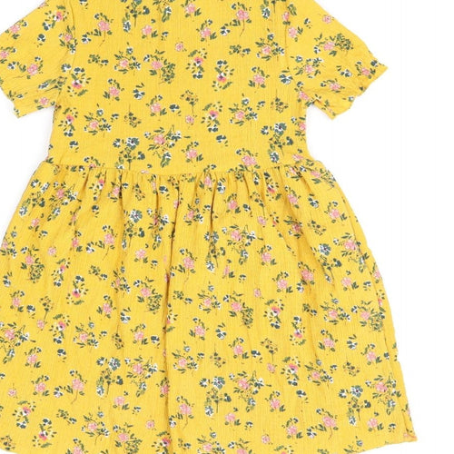 Zara Girls Yellow Floral Polyester Skater Dress Size 6 Years Round Neck Pullover - Shirred