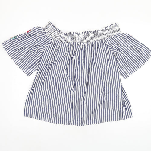 Marks and Spencer Womens Blue Striped Polyester Basic Blouse Size 12 Off the Shoulder - Leaf Embroidery
