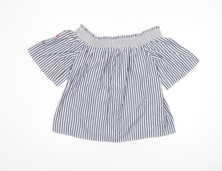 Marks and Spencer Womens Blue Striped Polyester Basic Blouse Size 12 Off the Shoulder - Leaf Embroidery