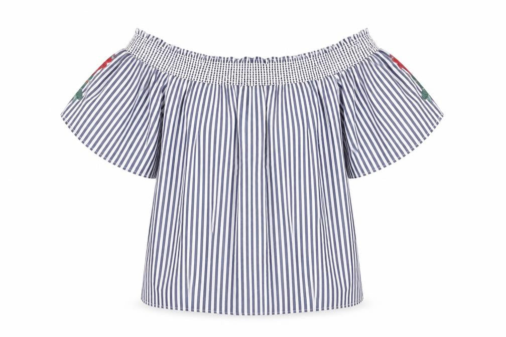 Front view of Marks & Spencer women’s blue striped polyester basic blouse, size UK 12, off the shoulder - leaf embroidery