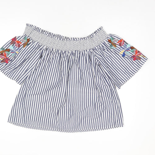 Marks and Spencer Womens Blue Striped Polyester Basic Blouse Size 12 Off the Shoulder - Leaf Embroidery