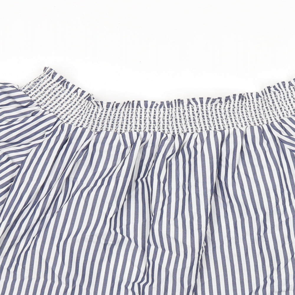 Marks and Spencer Womens Blue Striped Polyester Basic Blouse Size 12 Off the Shoulder - Leaf Embroidery