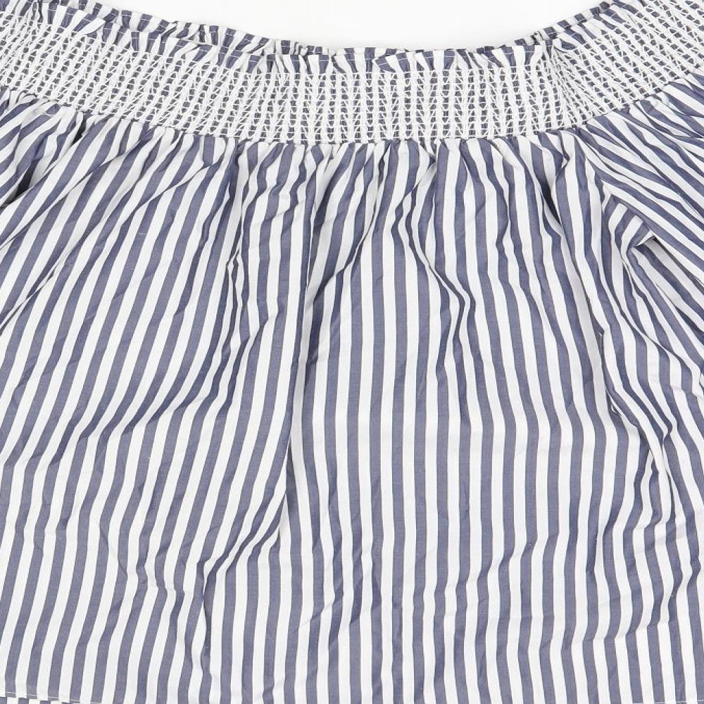 Marks and Spencer Womens Blue Striped Polyester Basic Blouse Size 12 Off the Shoulder - Leaf Embroidery