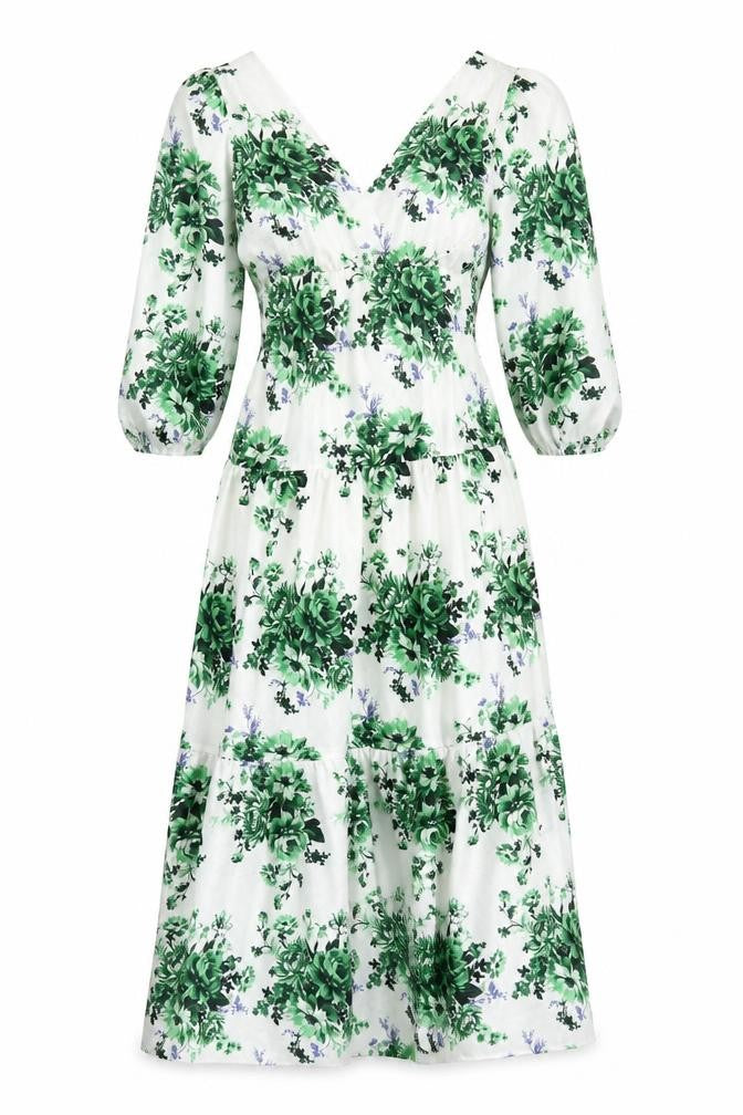Front view of Marks & Spencer women’s white floral polyester maxi, size UK 8, v-neck pullover