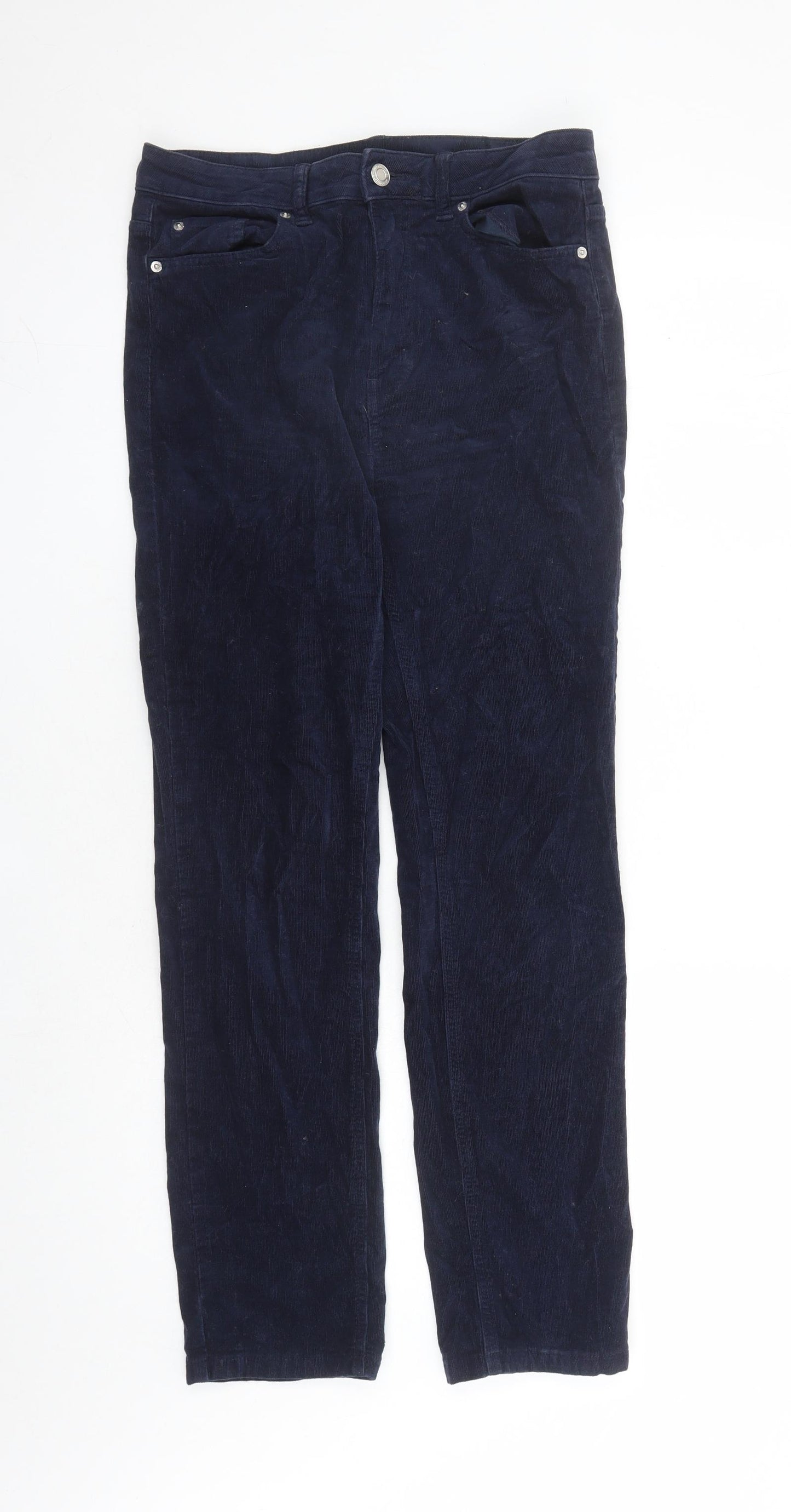 Marks and Spencer Womens Blue Cotton Trousers Size 10 L27 in Regular Zip - Short Leg