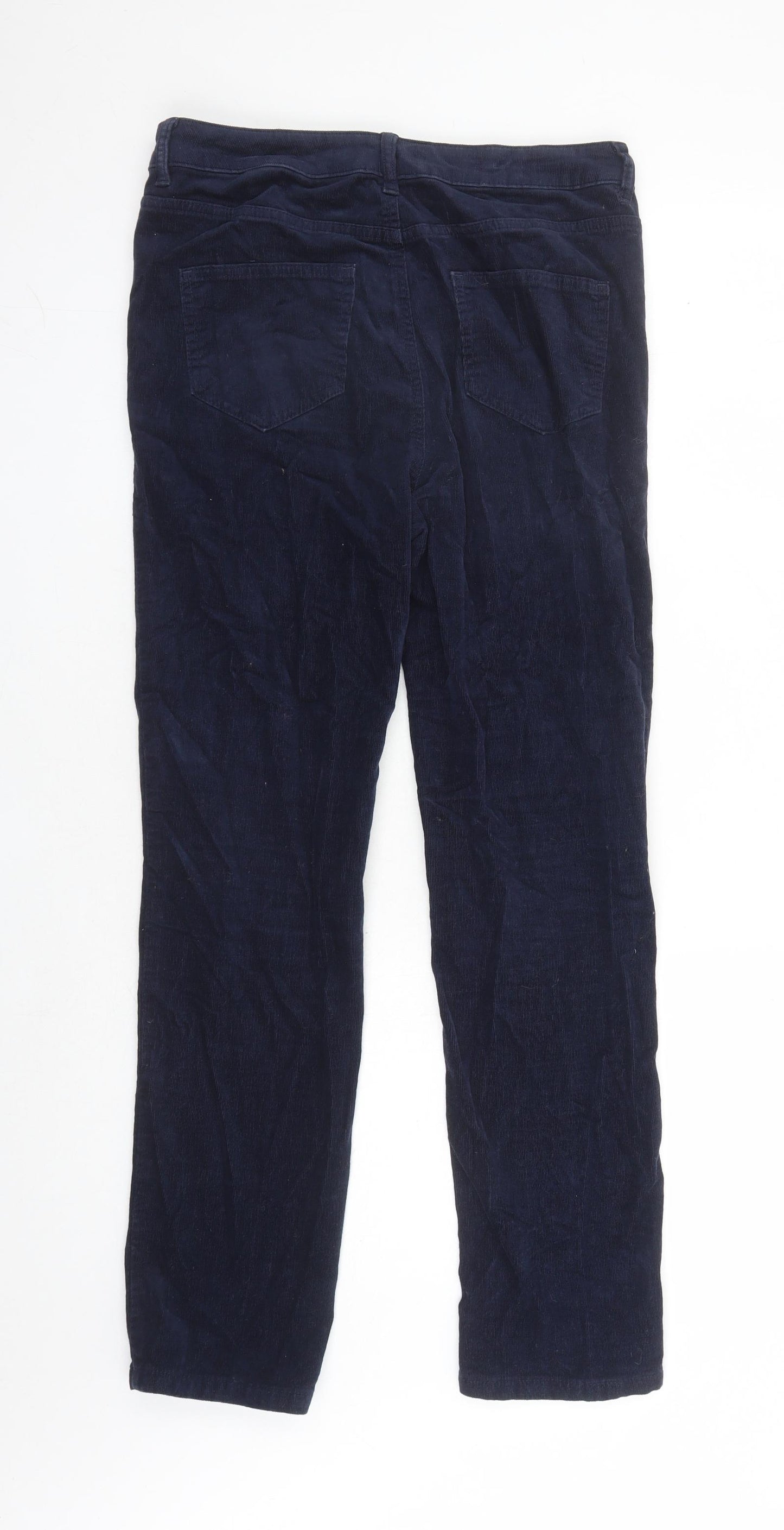 Marks and Spencer Womens Blue Cotton Trousers Size 10 L27 in Regular Zip - Short Leg