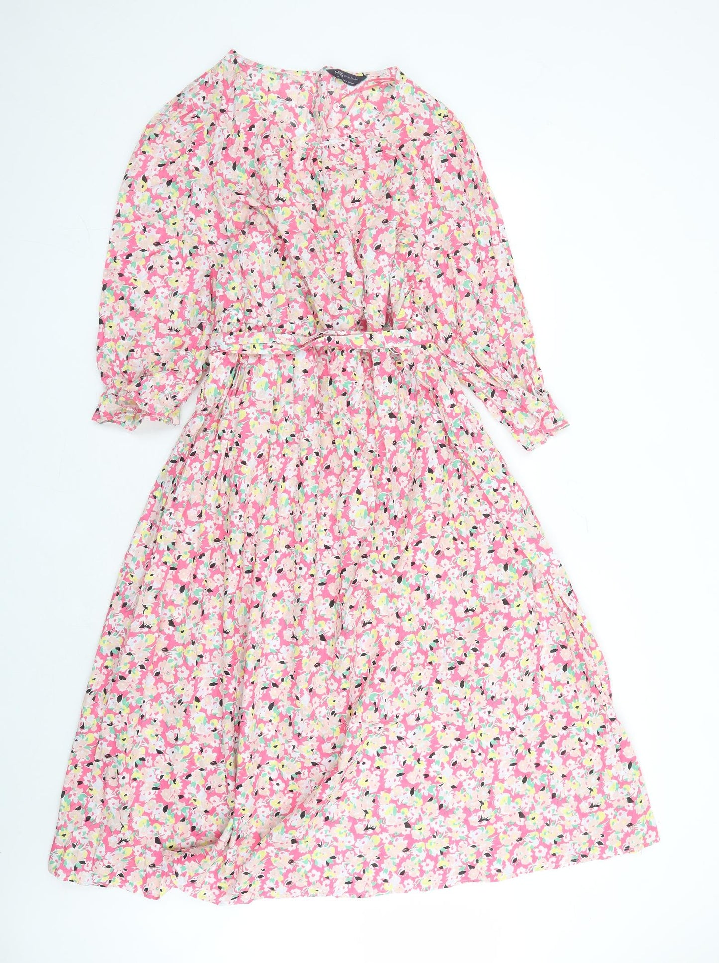 Marks and Spencer Womens Multicoloured Floral Cotton Maxi Size 22 Round Neck Button - Belted