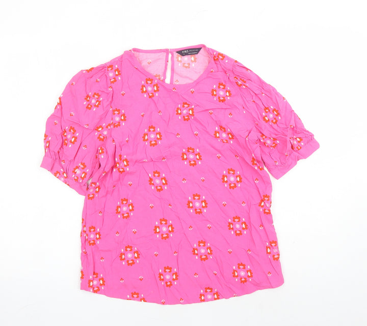 Marks and Spencer Womens Pink Floral Viscose Basic Blouse Size 8 Round Neck