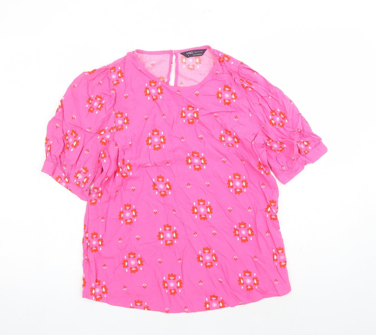 Marks and Spencer Womens Pink Floral Viscose Basic Blouse Size 8 Round Neck