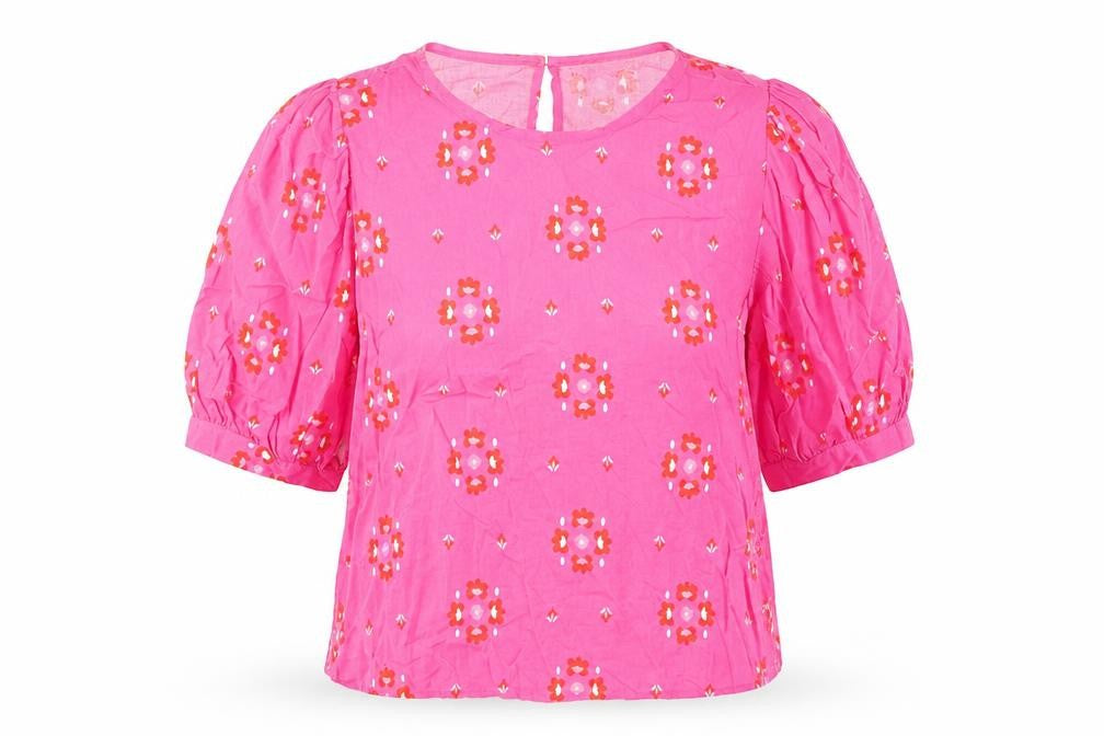 Front view of Marks & Spencer women’s pink floral viscose basic blouse, size UK 8, round neck