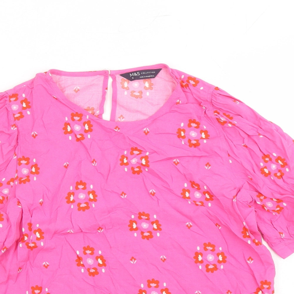 Marks and Spencer Womens Pink Floral Viscose Basic Blouse Size 8 Round Neck
