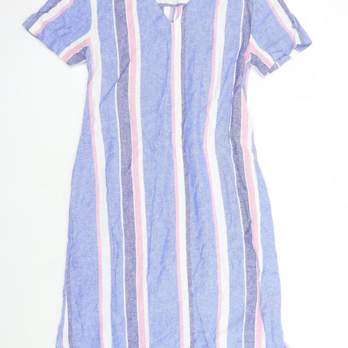 Marks and Spencer Womens Blue Striped Linen A-Line Size 8 V-Neck Pullover
