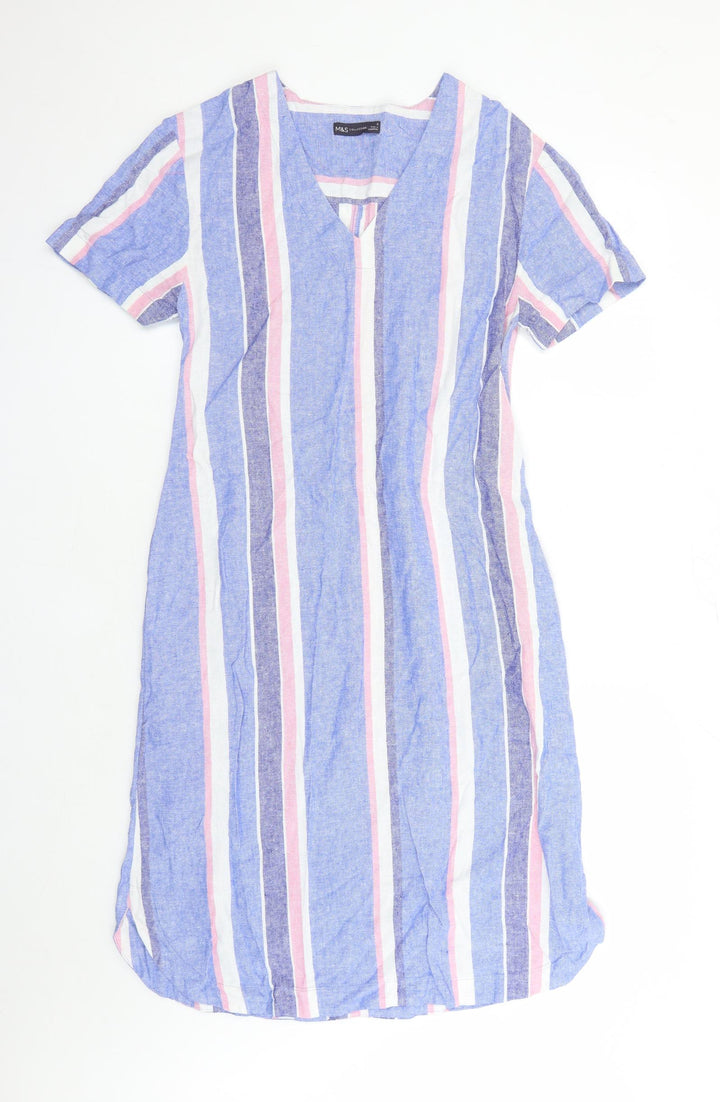Marks and Spencer Womens Blue Striped Linen A-Line Size 8 V-Neck Pullover