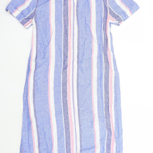 Marks and Spencer Womens Blue Striped Linen A-Line Size 8 V-Neck Pullover