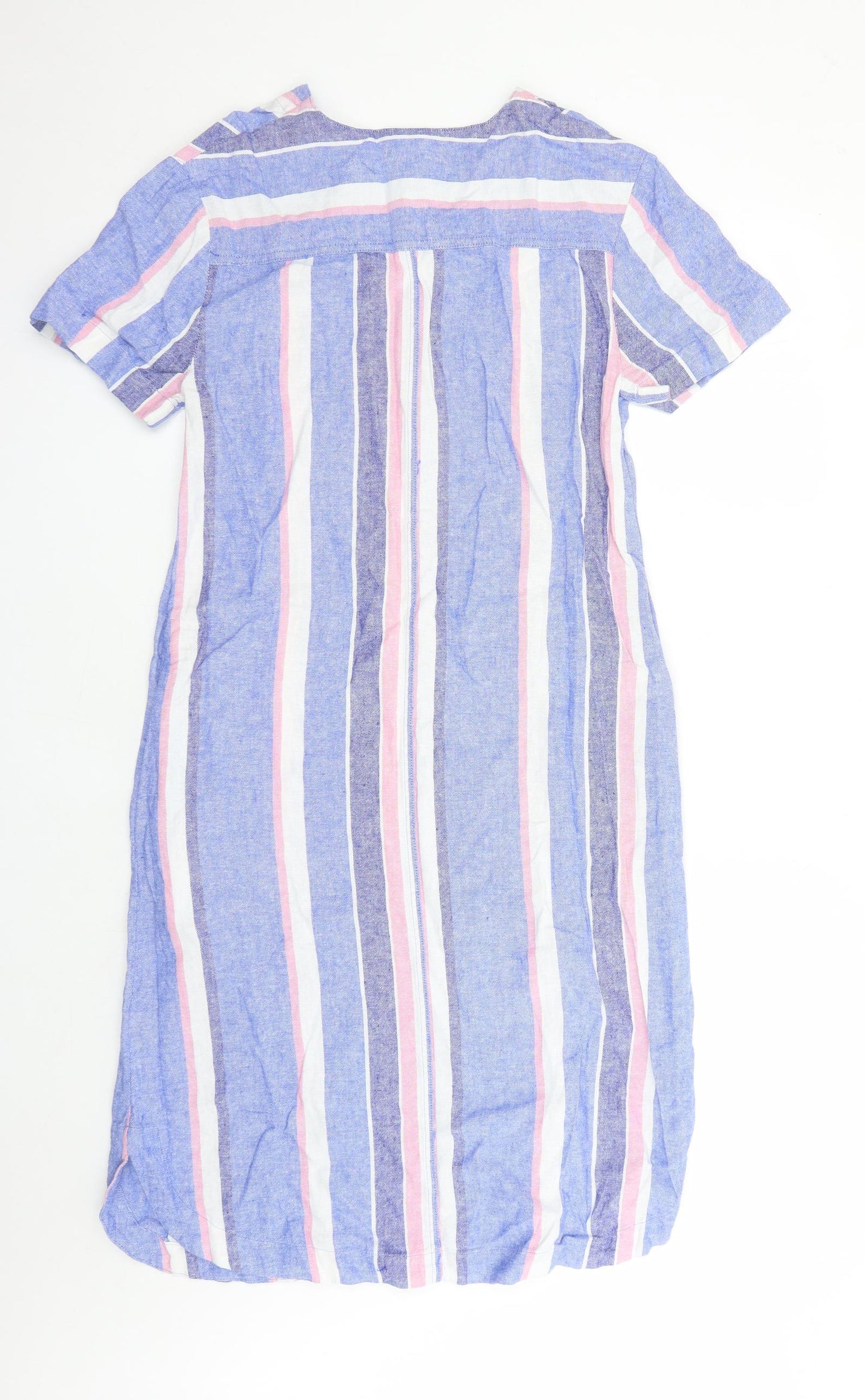 Marks and Spencer Womens Blue Striped Linen A-Line Size 8 V-Neck Pullover