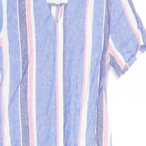 Marks and Spencer Womens Blue Striped Linen A-Line Size 8 V-Neck Pullover
