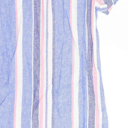 Marks and Spencer Womens Blue Striped Linen A-Line Size 8 V-Neck Pullover