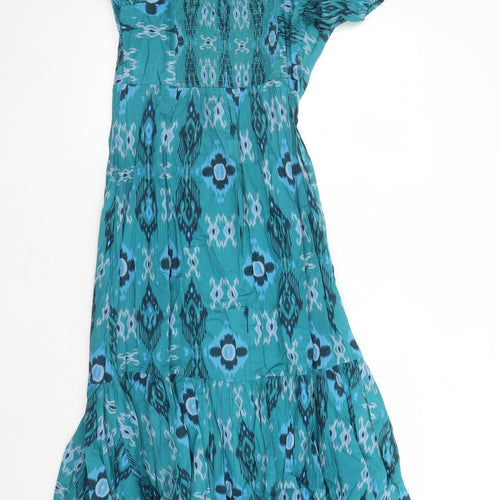 Marks and Spencer Womens Blue Geometric Cotton Maxi Size 8 V-Neck Pullover