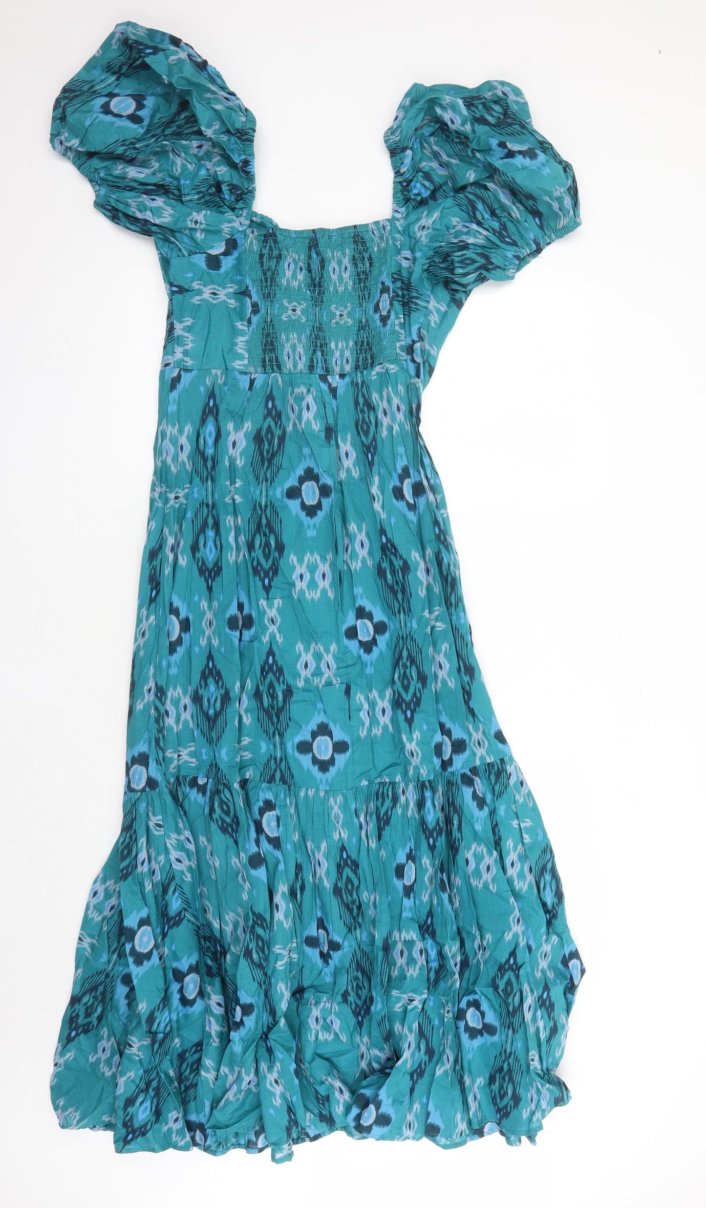 Marks and Spencer Womens Blue Geometric Cotton Maxi Size 8 V-Neck Pullover