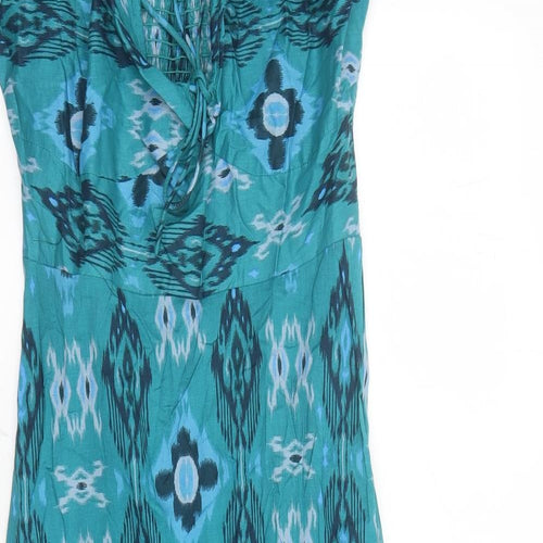 Marks and Spencer Womens Blue Geometric Cotton Maxi Size 8 V-Neck Pullover