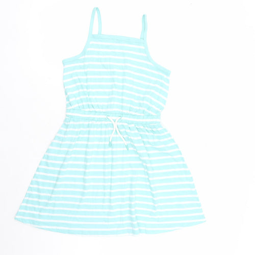Marks and Spencer Girls Blue Striped Cotton Tank Dress Size 12-13 Years Square Neck Pullover