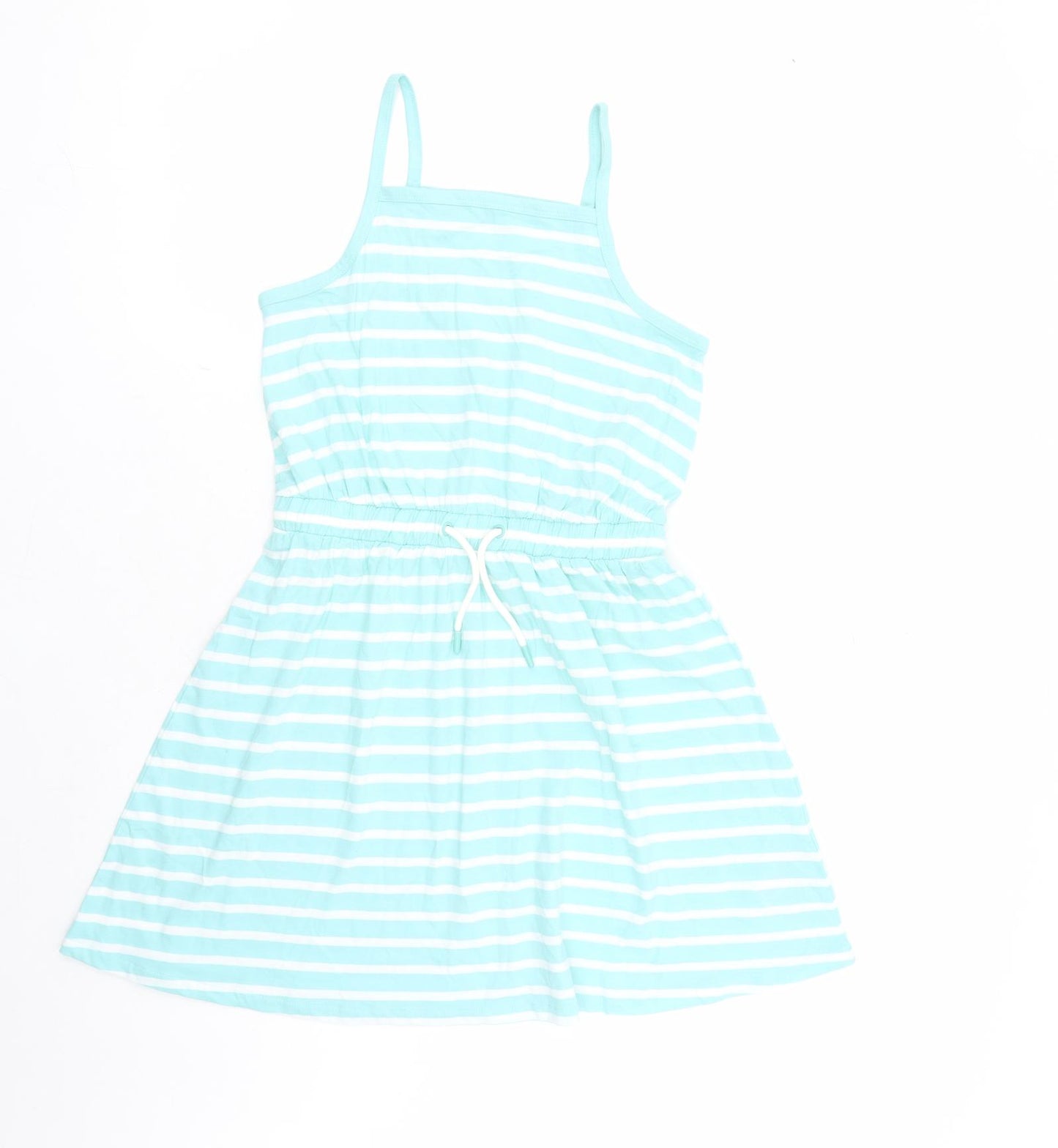 Marks and Spencer Girls Blue Striped Cotton Tank Dress Size 12-13 Years Square Neck Pullover