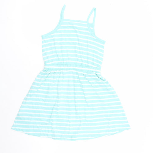 Marks and Spencer Girls Blue Striped Cotton Tank Dress Size 12-13 Years Square Neck Pullover