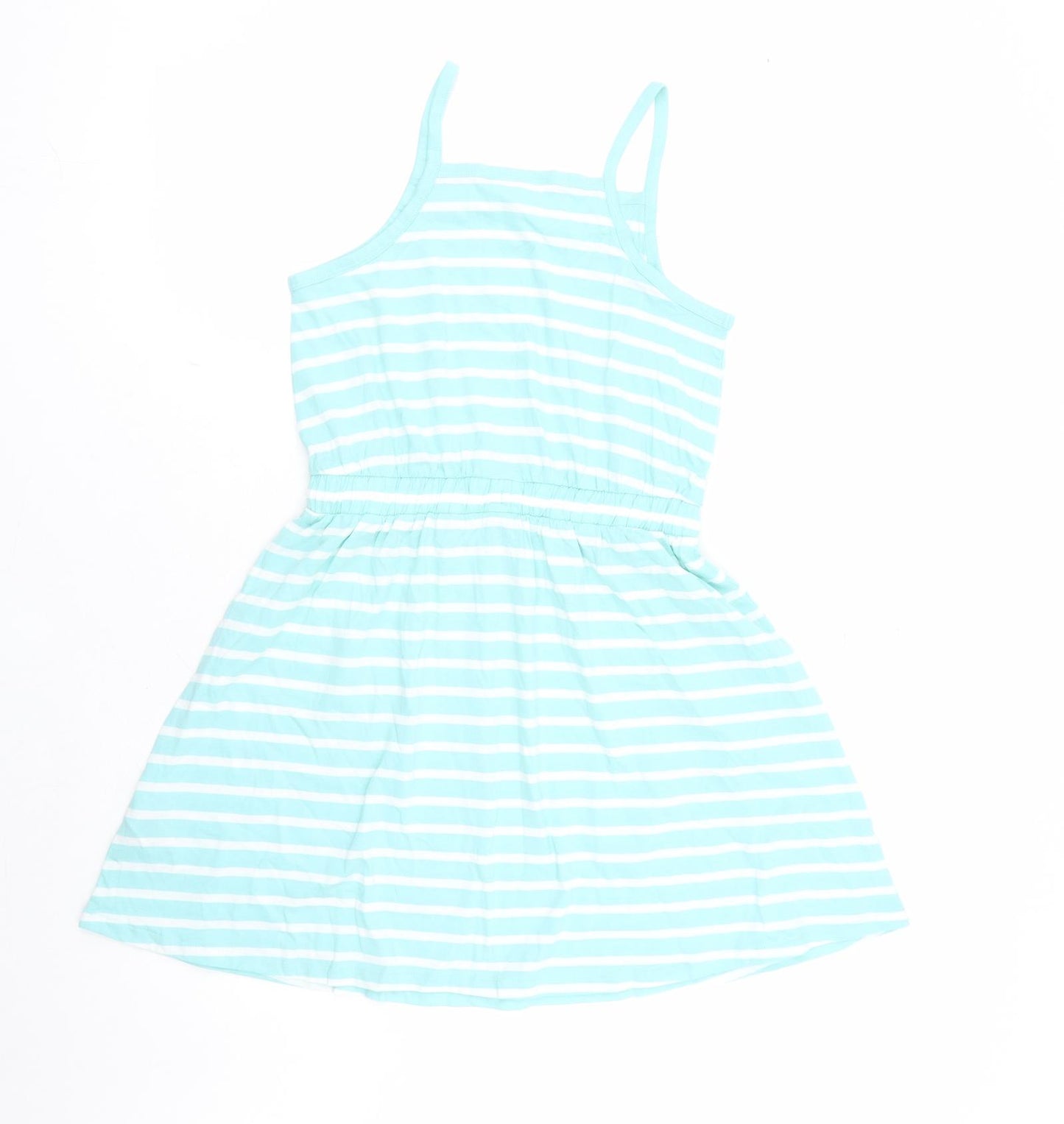 Marks and Spencer Girls Blue Striped Cotton Tank Dress Size 12-13 Years Square Neck Pullover