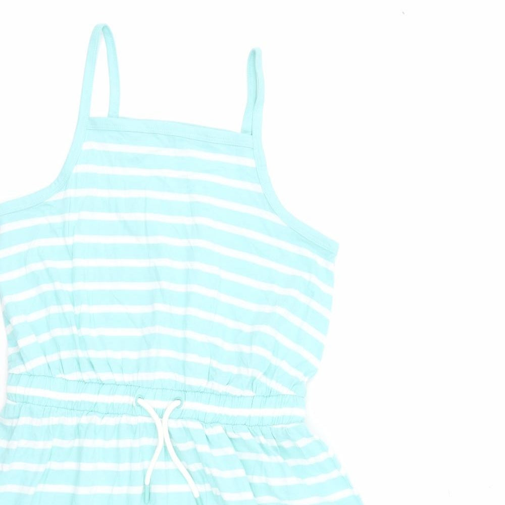 Marks and Spencer Girls Blue Striped Cotton Tank Dress Size 12-13 Years Square Neck Pullover