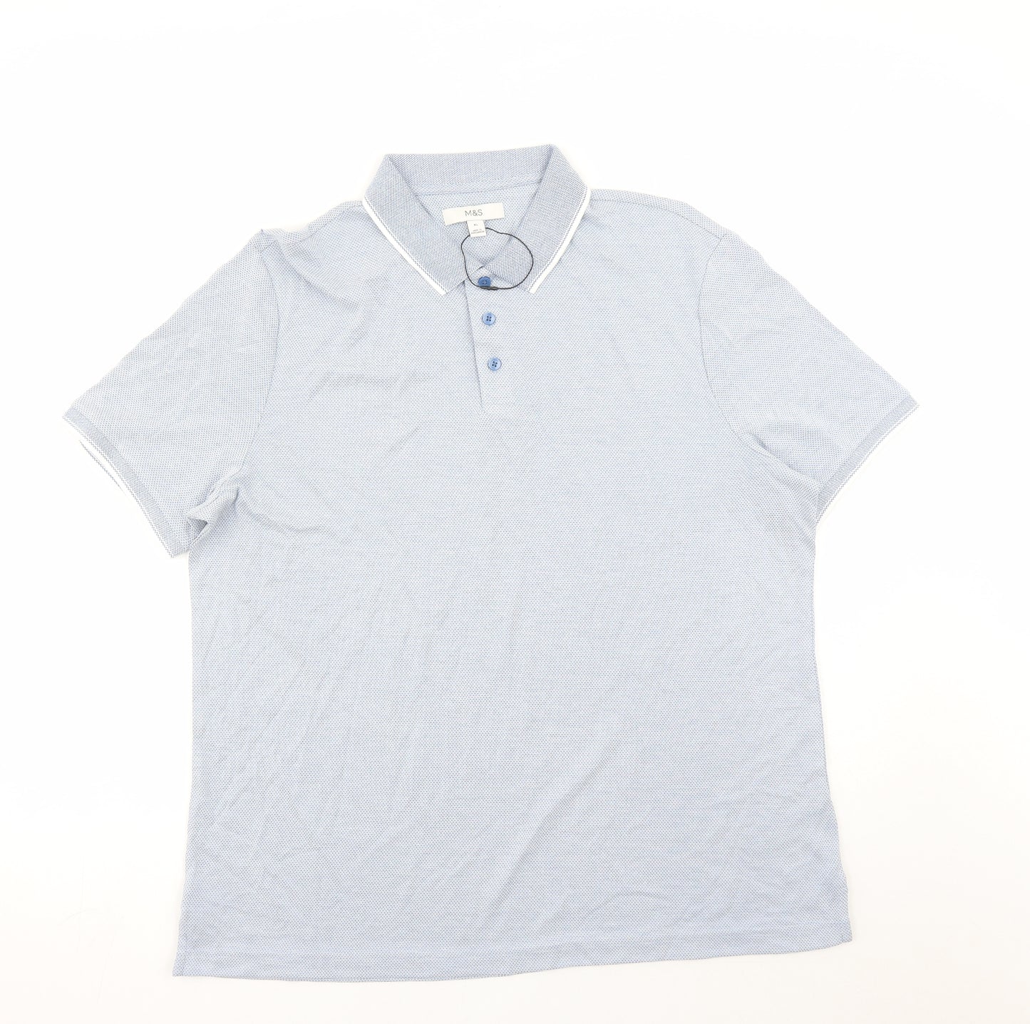 Marks and Spencer Mens Blue Geometric Modal Polo Size XL Collared Button