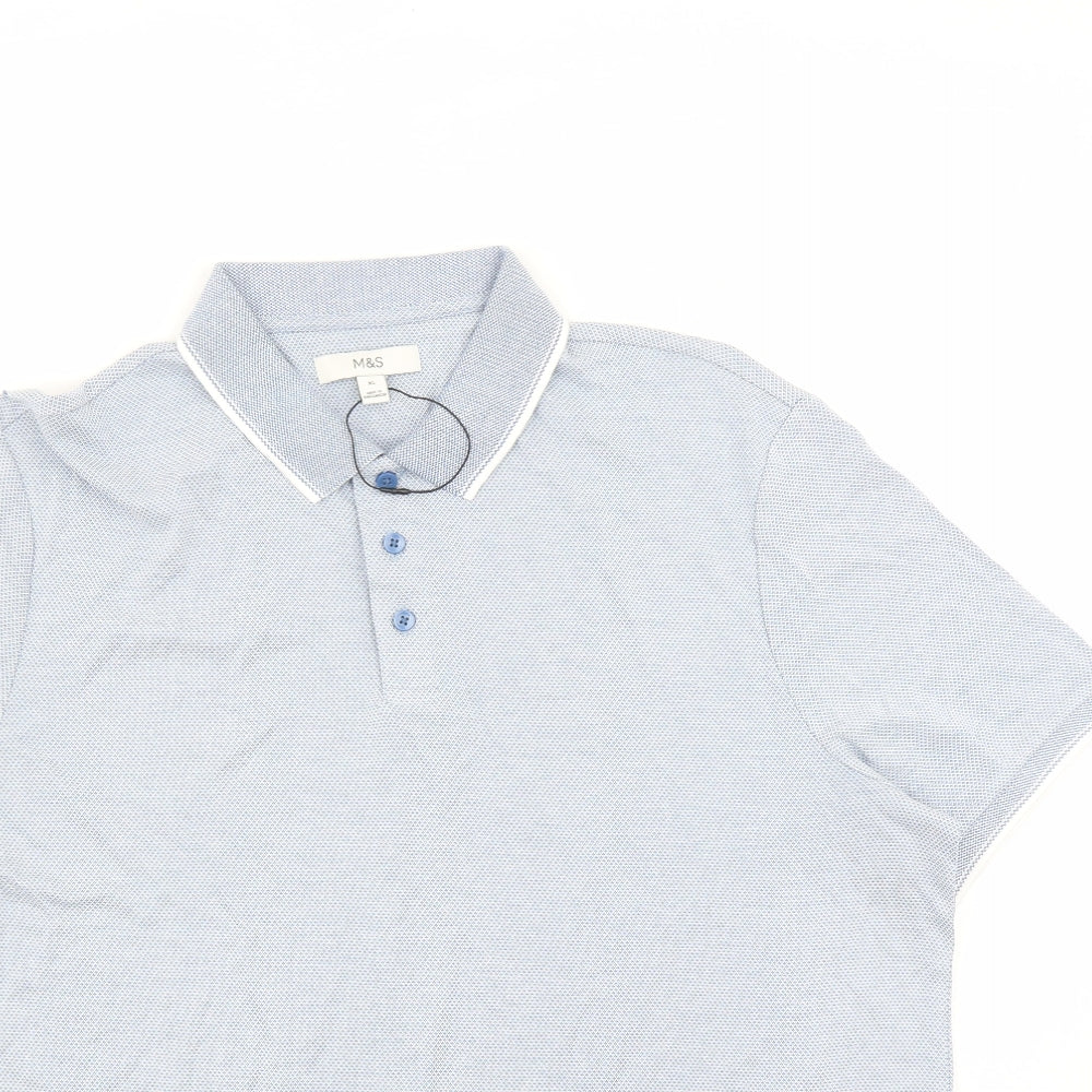 Marks and Spencer Mens Blue Geometric Modal Polo Size XL Collared Button