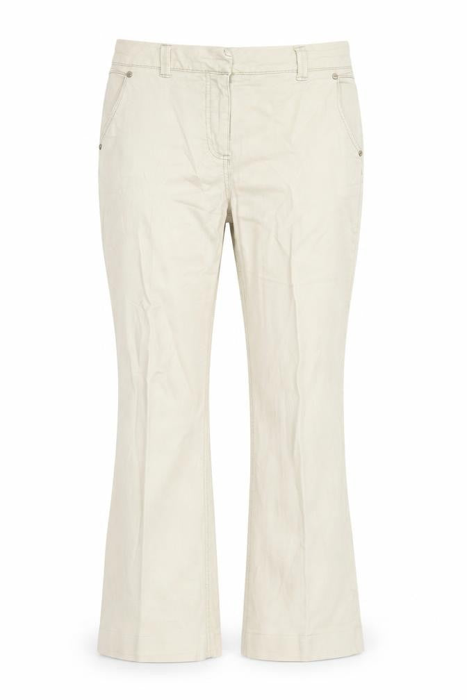 Front view of Per Una women’s beige cotton bootcut jeans, size UK 10, 27-inch leg regular zip