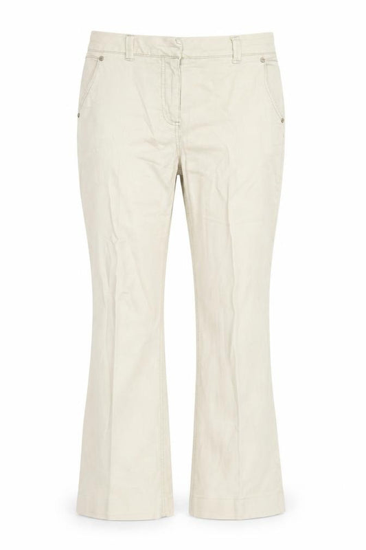 Front view of Per Una women’s beige cotton bootcut jeans, size UK 10, 27-inch leg regular zip