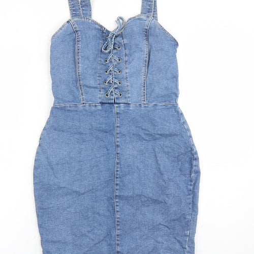 New Look Womens Blue Cotton Pinafore/Dungaree Dress Size 10 Sweetheart Zip