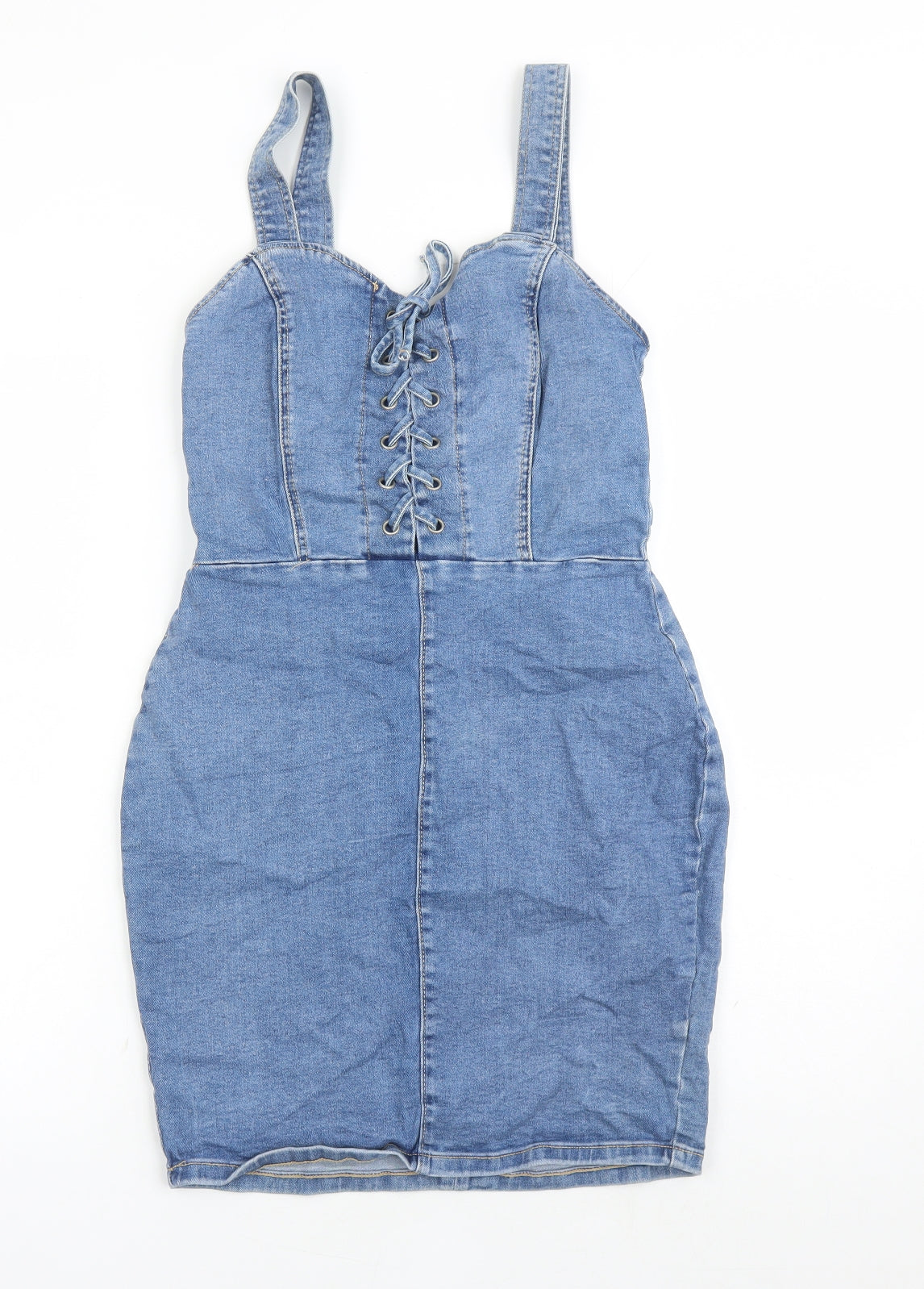 New Look Womens Blue Cotton Pinafore/Dungaree Dress Size 10 Sweetheart Zip