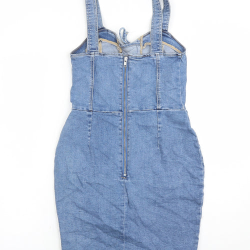 New Look Womens Blue Cotton Pinafore/Dungaree Dress Size 10 Sweetheart Zip
