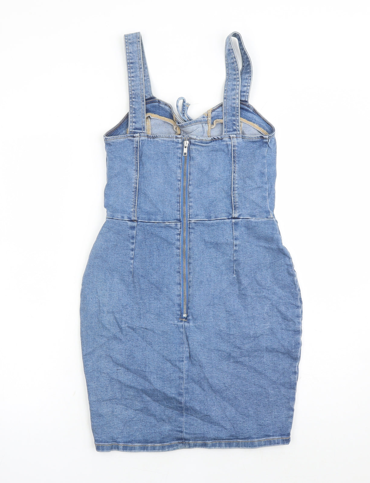 New Look Womens Blue Cotton Pinafore/Dungaree Dress Size 10 Sweetheart Zip