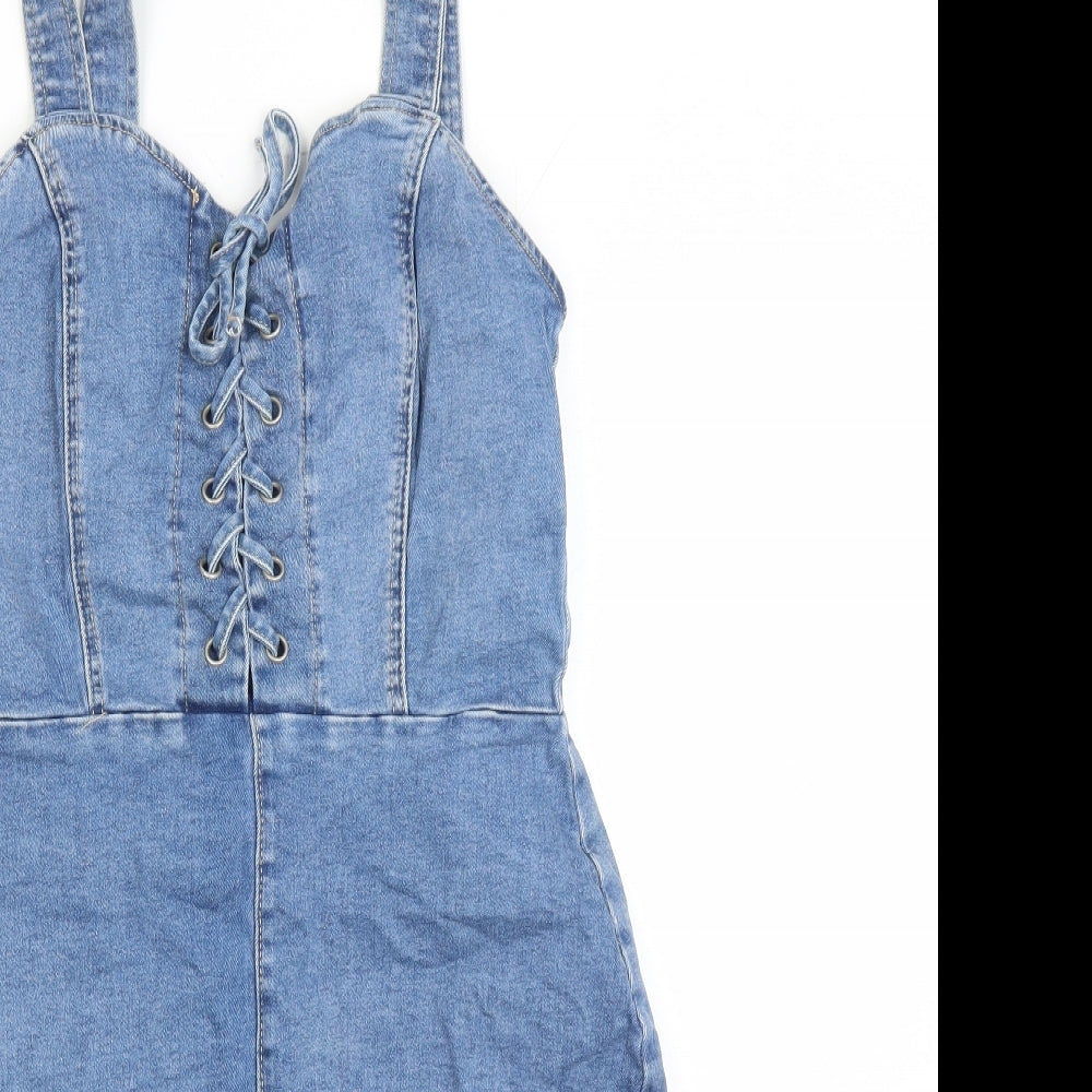 New Look Womens Blue Cotton Pinafore/Dungaree Dress Size 10 Sweetheart Zip