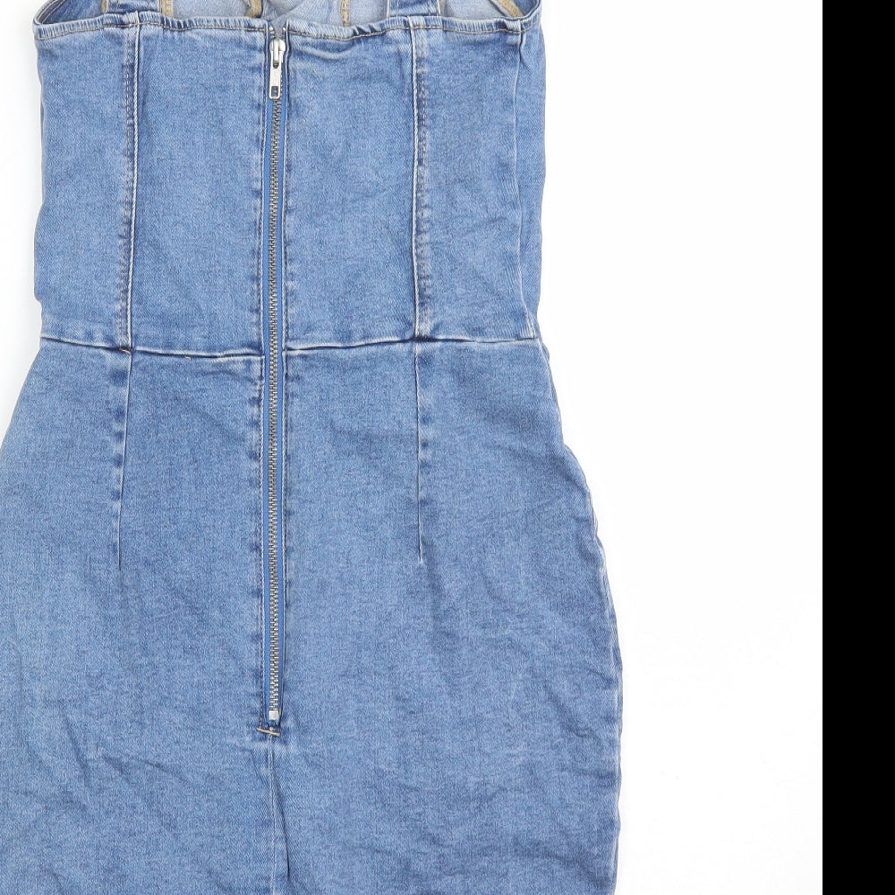 New Look Womens Blue Cotton Pinafore/Dungaree Dress Size 10 Sweetheart Zip
