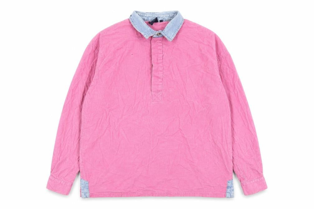 Front view of Cotton Traders men’s pink cotton button-up, size L, collared button