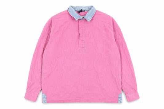 Front view of Cotton Traders men’s pink cotton button-up, size L, collared button
