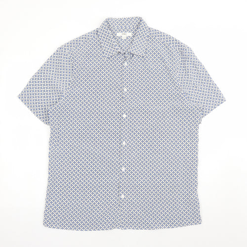 Marks and Spencer Mens Blue Geometric Polyester Button-Up Size L Collared Button