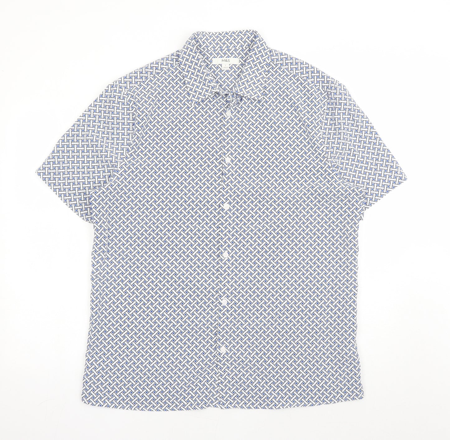 Marks and Spencer Mens Blue Geometric Polyester Button-Up Size L Collared Button