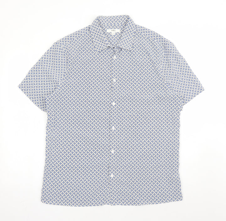 Marks and Spencer Mens Blue Geometric Polyester Button-Up Size L Collared Button