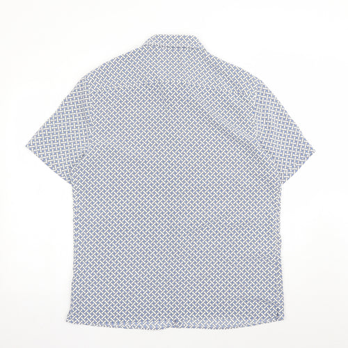 Marks and Spencer Mens Blue Geometric Polyester Button-Up Size L Collared Button