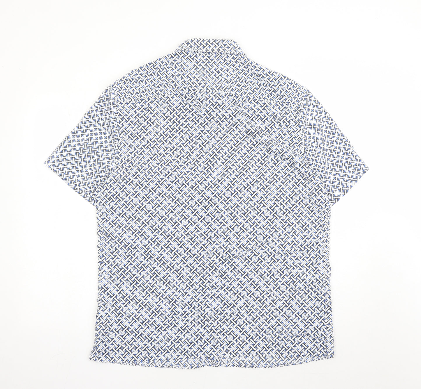 Marks and Spencer Mens Blue Geometric Polyester Button-Up Size L Collared Button