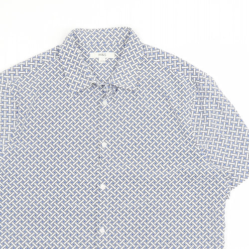 Marks and Spencer Mens Blue Geometric Polyester Button-Up Size L Collared Button