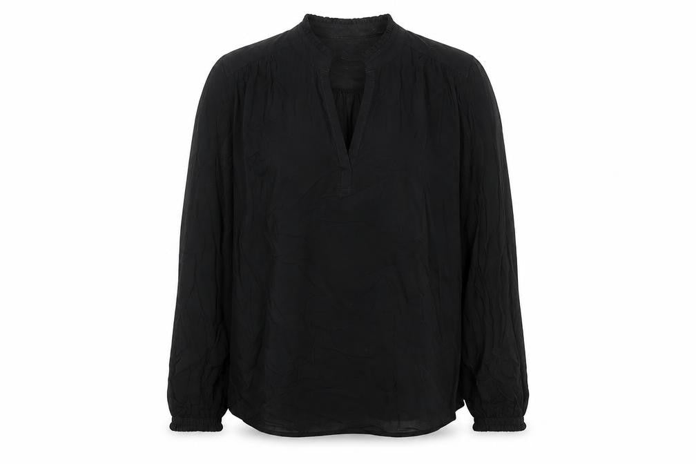 Front view of Marks & Spencer women’s black viscose basic blouse, size UK 8, v-neck