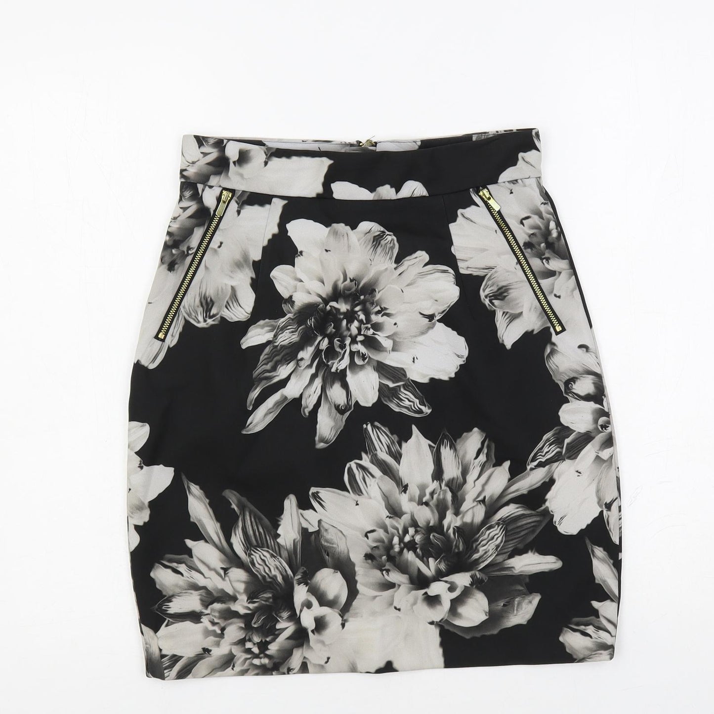 H&M Womens Black Floral Polyester Straight & Pencil Skirt Size 8 Zip